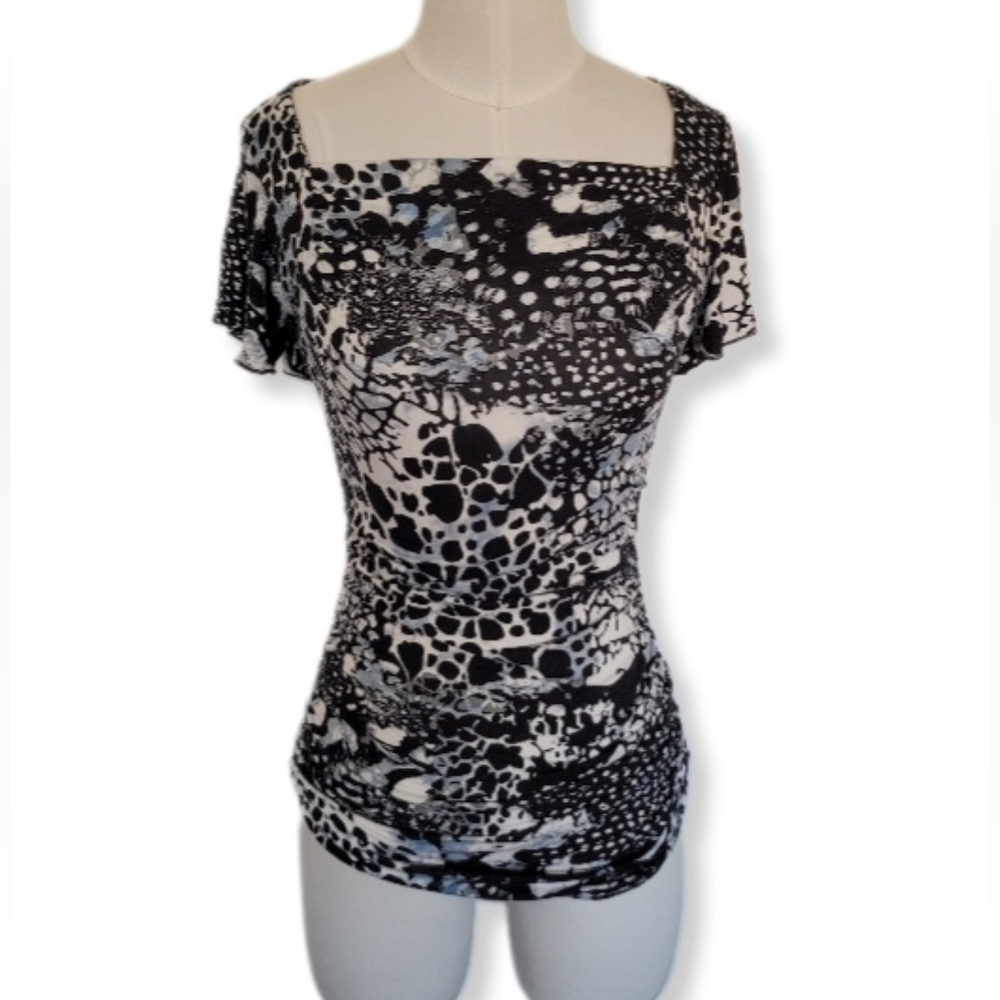 Cable & Gauge Blouse Black Multicolor Short Butterfly Sleeve Scoop Neck …